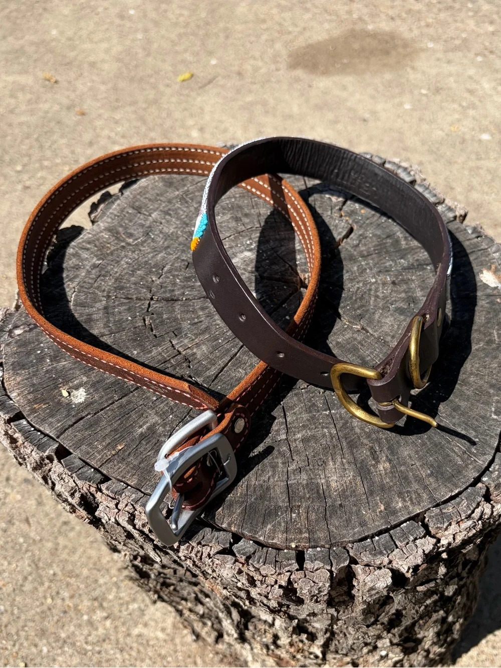 2-Hand-stitched and Beaded Brown Leather Dog Collar set